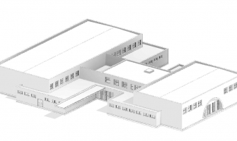 Perspectiva axonomètrica del CEM Can Xarau amb la 1a planta del vestíbul construïda
